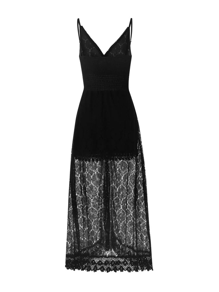 Summer Women Lace Playsuit Dress Sleeveless V Neck Hollow Out Irregular Midi Dress Sexy Elegant Casual Bohemian Dresses