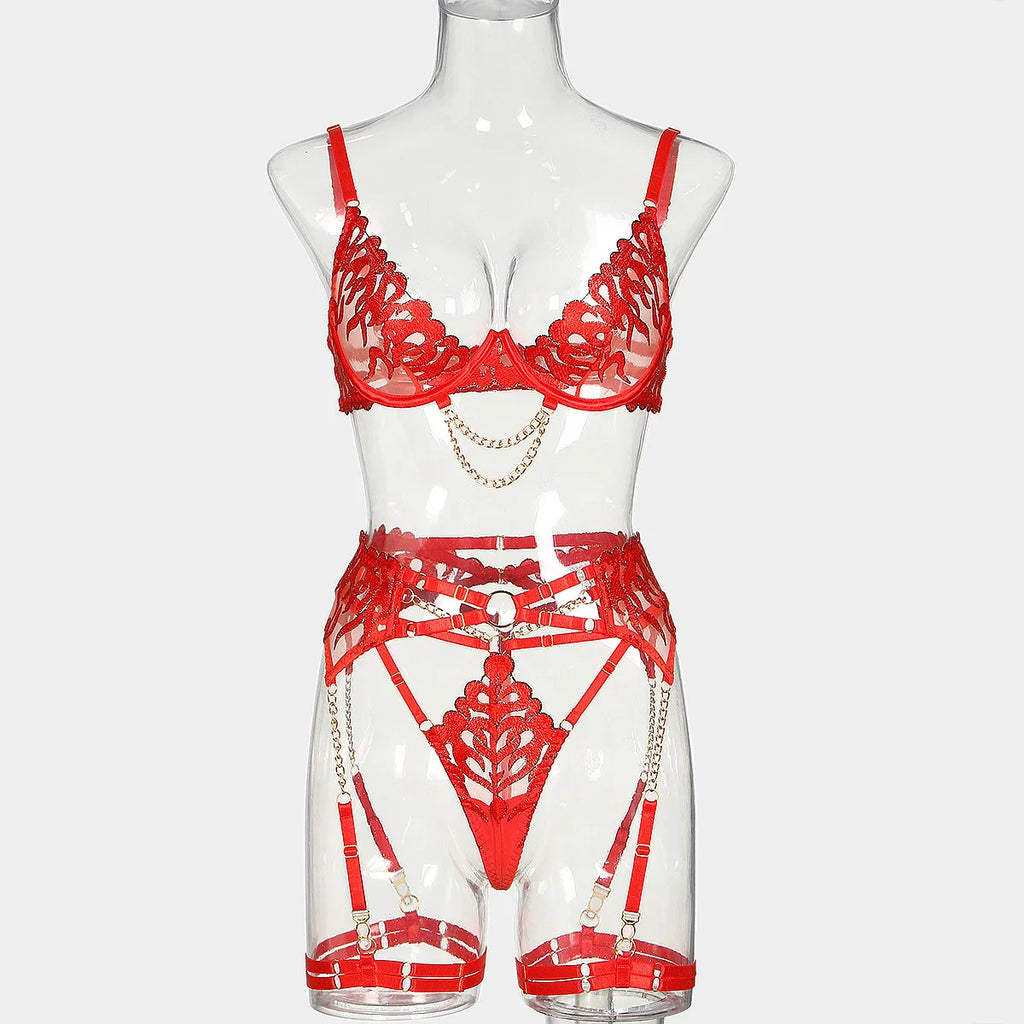 Ellolace Hot Women's Lingerie Sets Charming Bra Belt Thong 3PC with Leg Circles Fantasy Deep V-neck Women Intimate Underwear