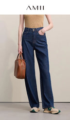 Amii Women's Jeans 2026 Autumn New Casual Letter Embossed Cotton Denim Trousers Women's Retro Versatile Straight Pants 12641115