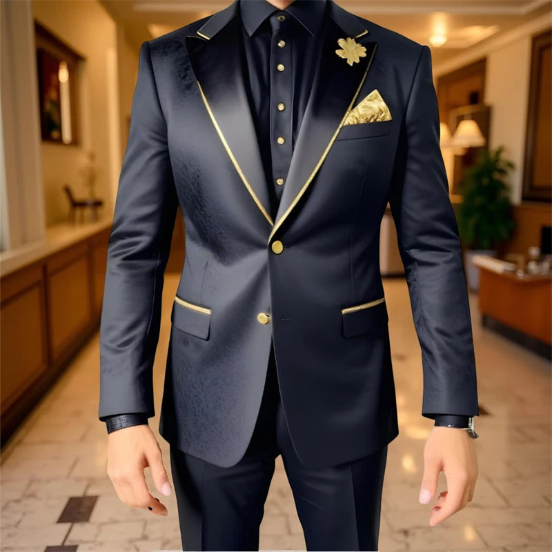 Luxury Men Suits 2 Pieces Black Floral Texture with Gold Accent Wedding Tuxedo Party Suits Formal Fashion Suits