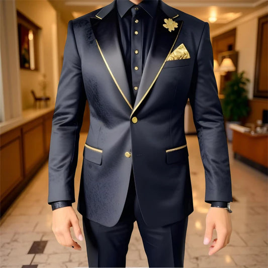 Luxury Men Suits 2 Pieces Black Floral Texture with Gold Accent Wedding Tuxedo Party Suits Formal Fashion Suits