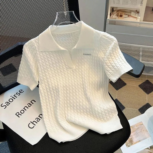 Summer Women's Polo-neck Short-sleeved Shirt Ice Silk Twist Stripe Knitting T-Shirt Thread Loose Minimalist Lapel Pullover Tees