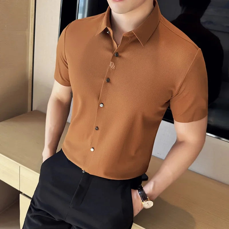 Men's White Business Casual Shirt, Fitted Striped Elastic Short-sleeved Shirt, Exquisite Embroidered Summer Formal Work Uniform.