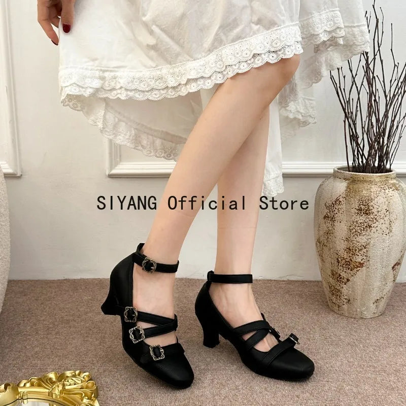 Sweet Lolita Cross Buckle Strap Women Mary Jane Shoes Fashion Multi Metal Buckle Shoes Retro Wedding Party Dress Ladies Pumps