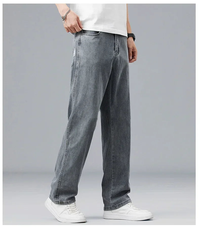 2026 New Summer Ultra-thin Lyocell Men's Jeans Drape Soft Fabric Loose Straight Casual Denim Pant Elastic Ice Silk Male Trousers
