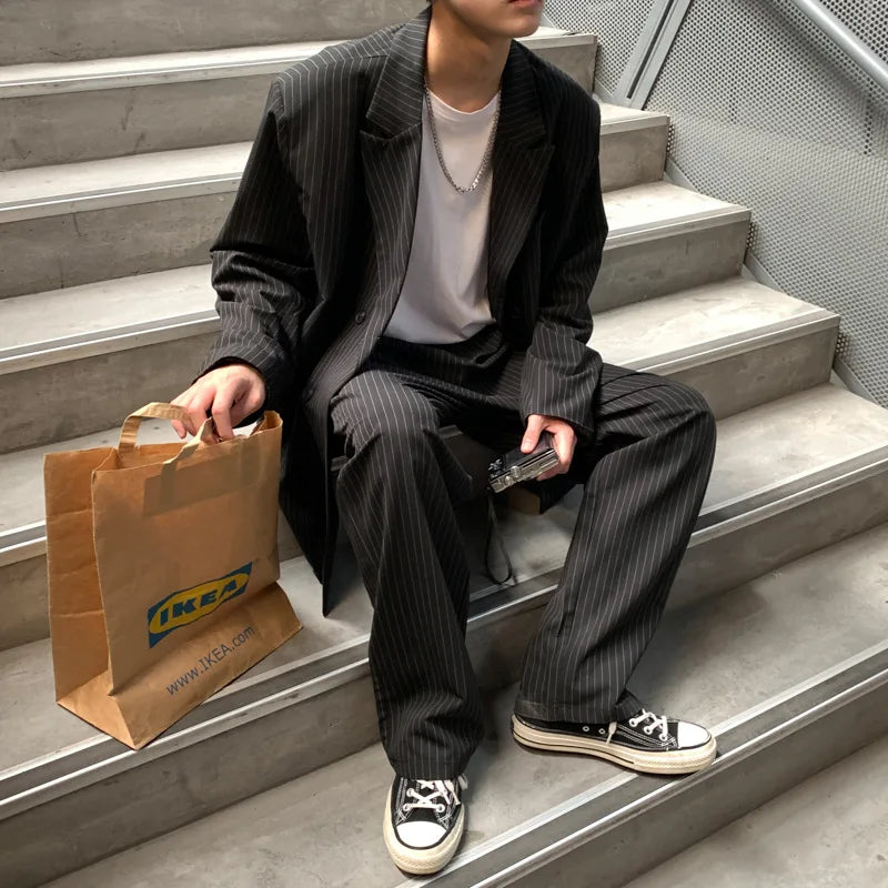 Spring Summer New Fashion Men's Korean Striped 2-piece Set Suits Blazers Pants Casual Trendy Straight Business Suit Male Sets