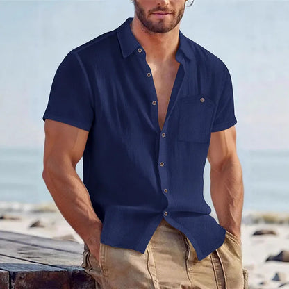 Men's Linen Blend Short Sleeve Button Down Shirt Casual Beach Top with Chest Pocket Breathable Lightweight Summer Shirts for Men