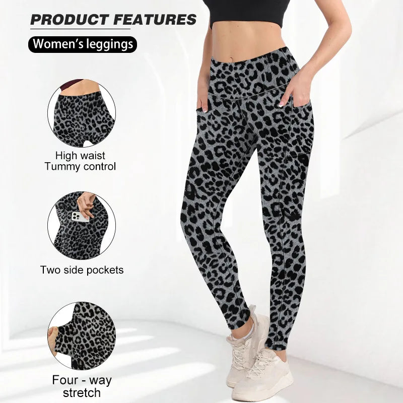 High Waist Plush Leggings Warm Leopard Print Yoga Pants Milk Silk Bare-Feel Leggings for Spring/Autumn
