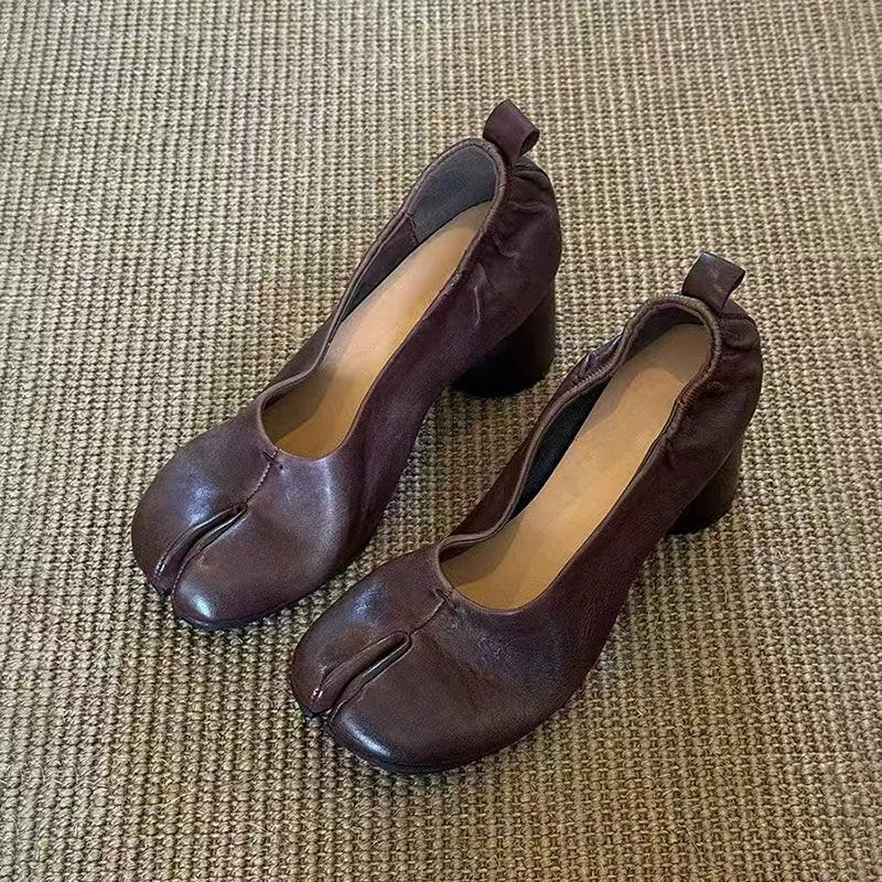 Elegant Thick High Heel Tabi Shoes Women Summer 2026 Comfort Pu Leather Designer Split Toe Pumps French Retro Sandals for Women