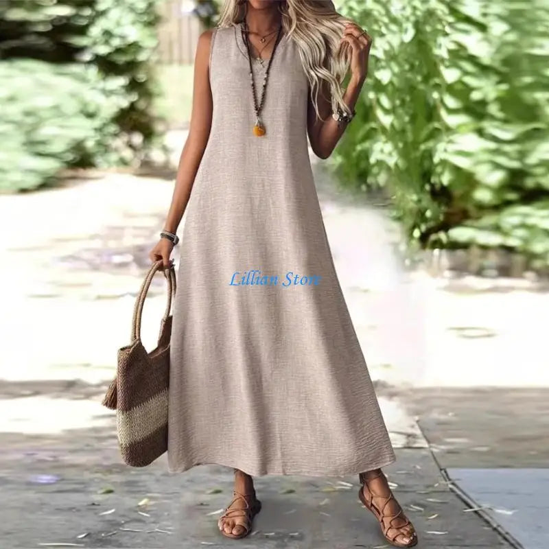 Q1FA Summer Dresses for Women Cotton Linen Maxi Dress Casual Sleeveless Long Sundress Vacation Outfits