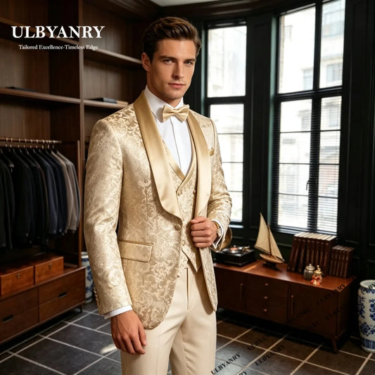 ULBYANRY Brand Selection Men's Jacquard Suit Set for Men, EU44-EU62 Plus Size Avaliable 3-piece Suit Attire Costume Tuxedo