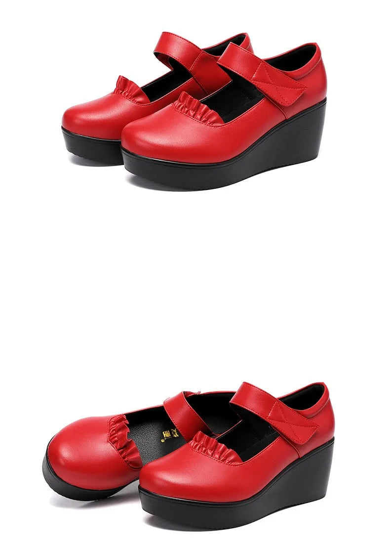 6cm Small Size 32-43 Comfortable Med Heels Pumps Soft Leather Mary Janes 2026 Women's Platform Wedges Shoes for Office Mom Dance