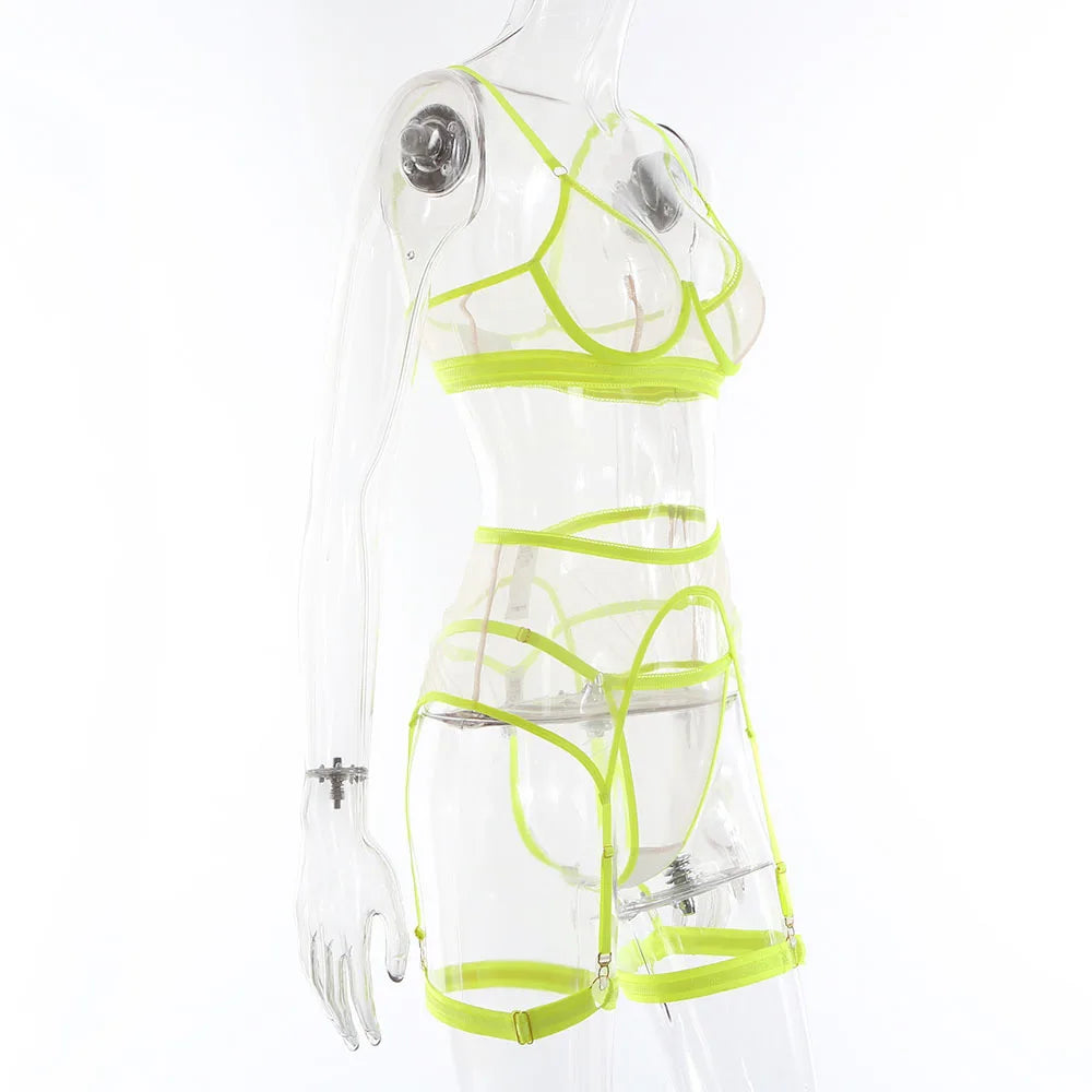 Sexy Lingerie Set Women Transparent Lace Neon Mesh with Seamless Bra and Panty Ultra Hot Erotic Garter Belt