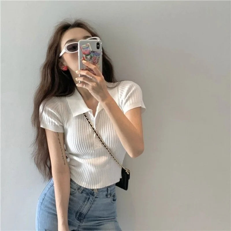 New Polo Women TShirt Ribbed Knitted Sexy Tops Summer Basic Shirts Skinny Slim Casual Short Sleeve Vest Women's Top White Black