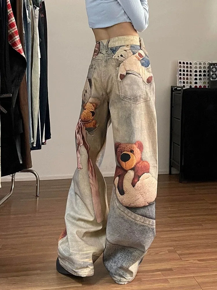 2026 New Spring Women's Colorful Digital Print Bear Jeans High Waist Loose Slim Fit Straight Wide Leg Casual Denim Pants
