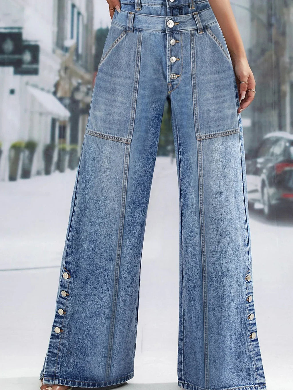 Women's Fashion Vintage Plus Size Wide Leg Jeans High Waist Button Fly Denim Trousers Pants Harajuku Pockets Autumn Jeans
