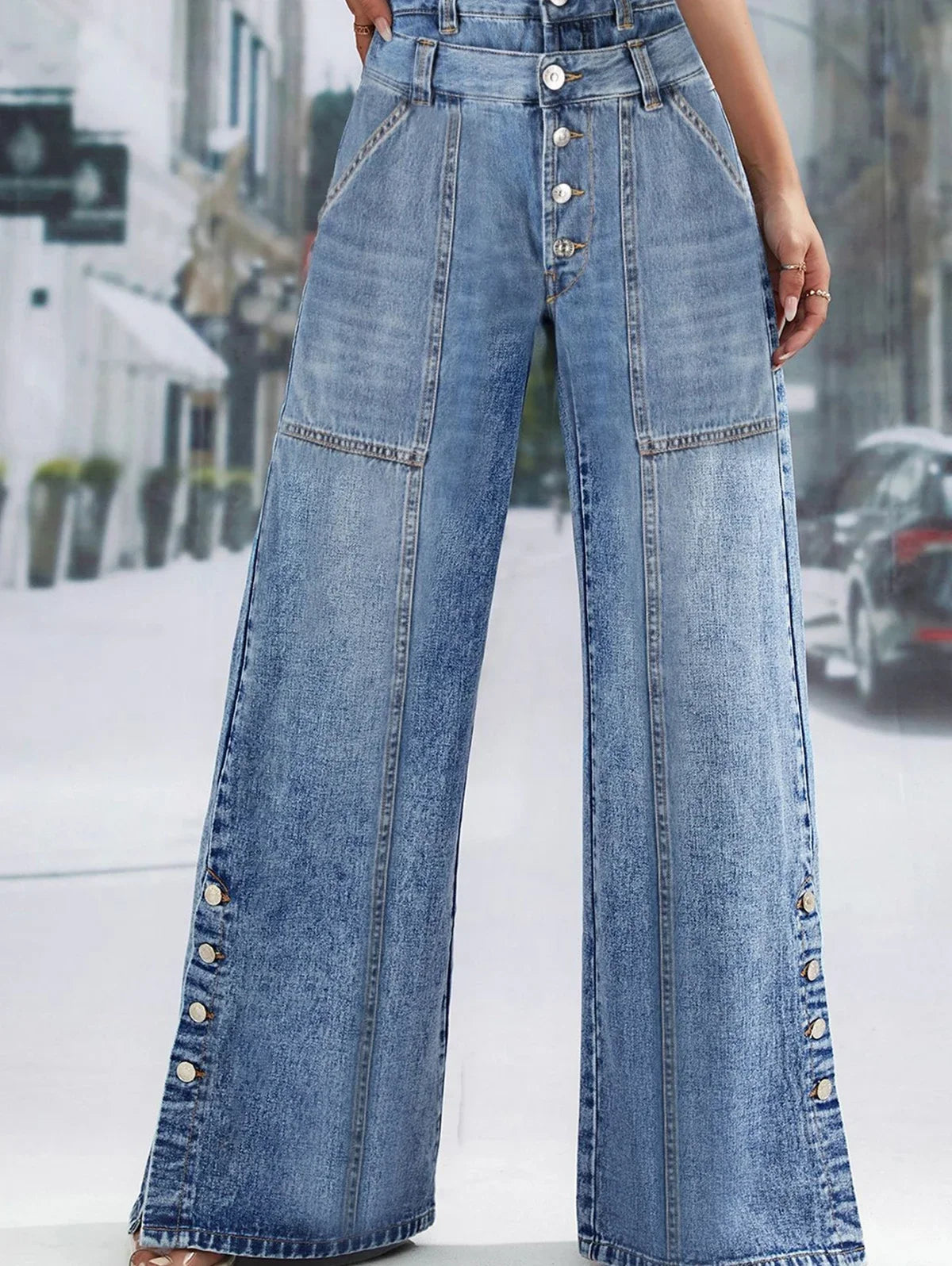 Women's Fashion Vintage Plus Size Wide Leg Jeans High Waist Button Fly Denim Trousers Pants Harajuku Pockets Autumn Jeans
