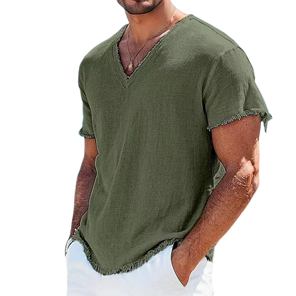 2026 Men's Summer Shirt Men's Retro V-Neck Cotton Linen Shirt Hawaii Casual Short Sleeve Beach Tops Outdoor Vacation Shirt