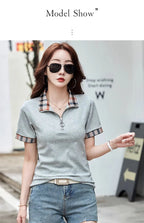 New Women Summer Cotton Polo T-shirt Fashion Button Plaid Turn-down Collar Short Sleeve Slim T-shirt Simplicity Casual Tees Tops