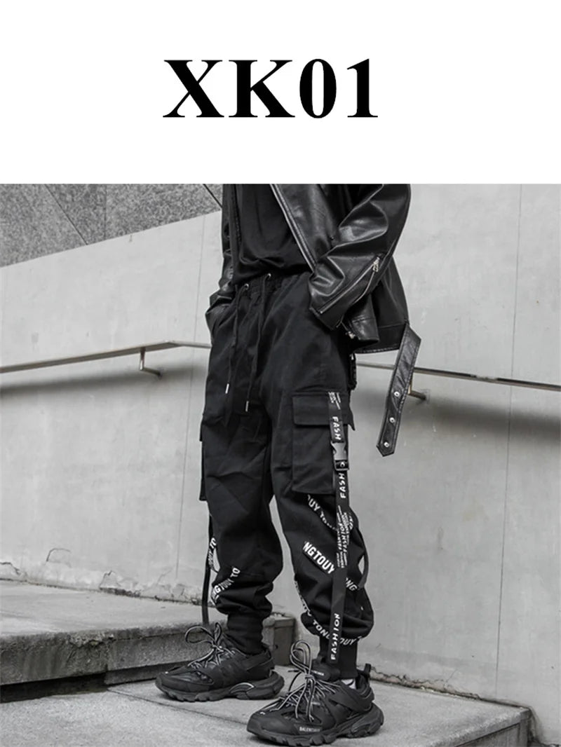 Y2K Joggers Cargo Pants For Men Casual Hip Hop Pocket Male Trousers Sweatpants Street Ribbons Techwear White Pant Pantalon Homme