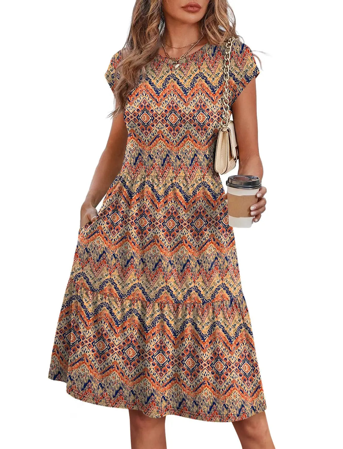 Women Cap Sleeve Casual Tiered Swing Dress Floral Print Summer Beach Vacation Dress