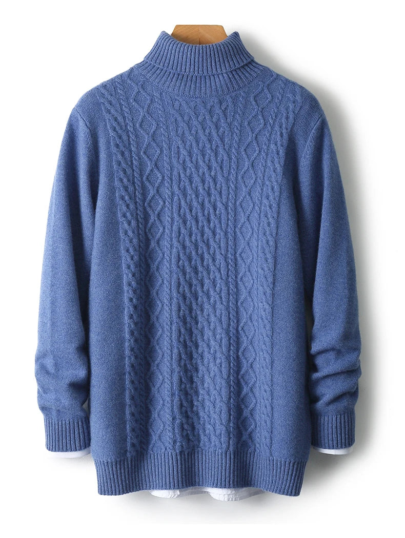 Fall/Winter 100% Wool Men's Turtleneck Thicken Sweater Jacquard Solid Cashmere Knitted Bottom Shirt