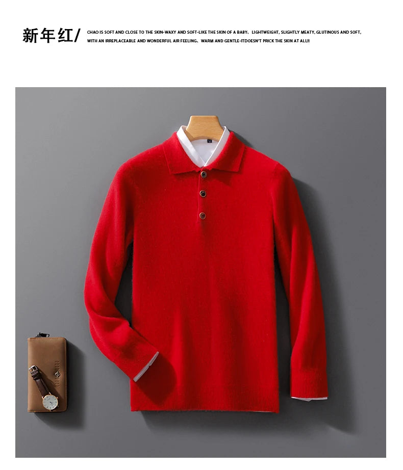 Autumn And Winter New 100 Pure Wool Sweater Men's POLO Collar Button Loose Pullover Sweater Cashmere Knitted Bottoming Shirt
