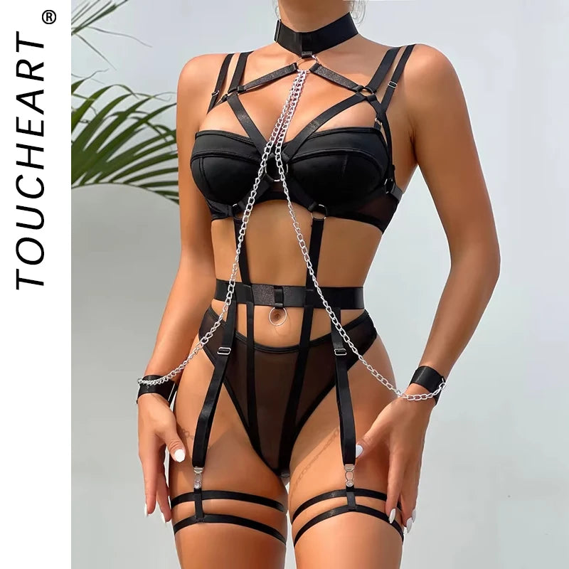 Toucheart 4 Piece Set Sexy Chain Halter Underwear Set For Women Erotic Lingerie Temptation Sexy Role Play Chain Underwear Set