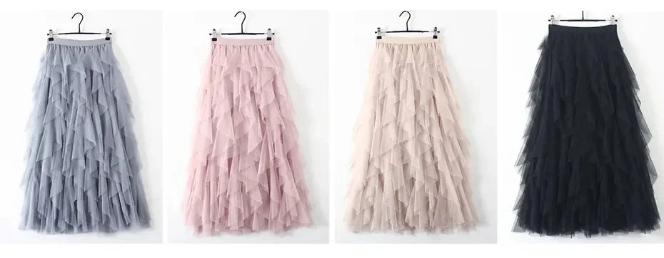 Womens Elastic High Waist Tulle Mesh Irregular Tutu Skirt Gauze Skirt Spring and Summer New Pleated A-Line Skirt in the Long Hi