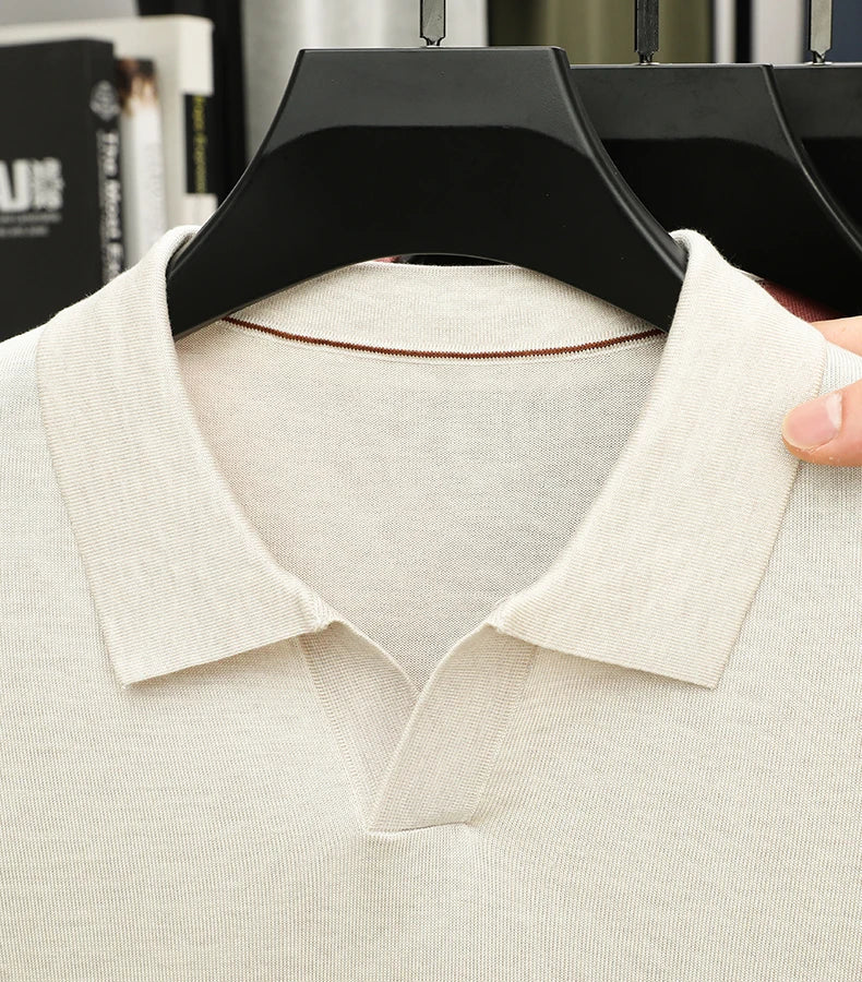 100%  Lyocell Knitwear 2025 Men Spring Summer Trendy Turn Down Collar Knit Tees Short Sleeve Breathable Knit Tops