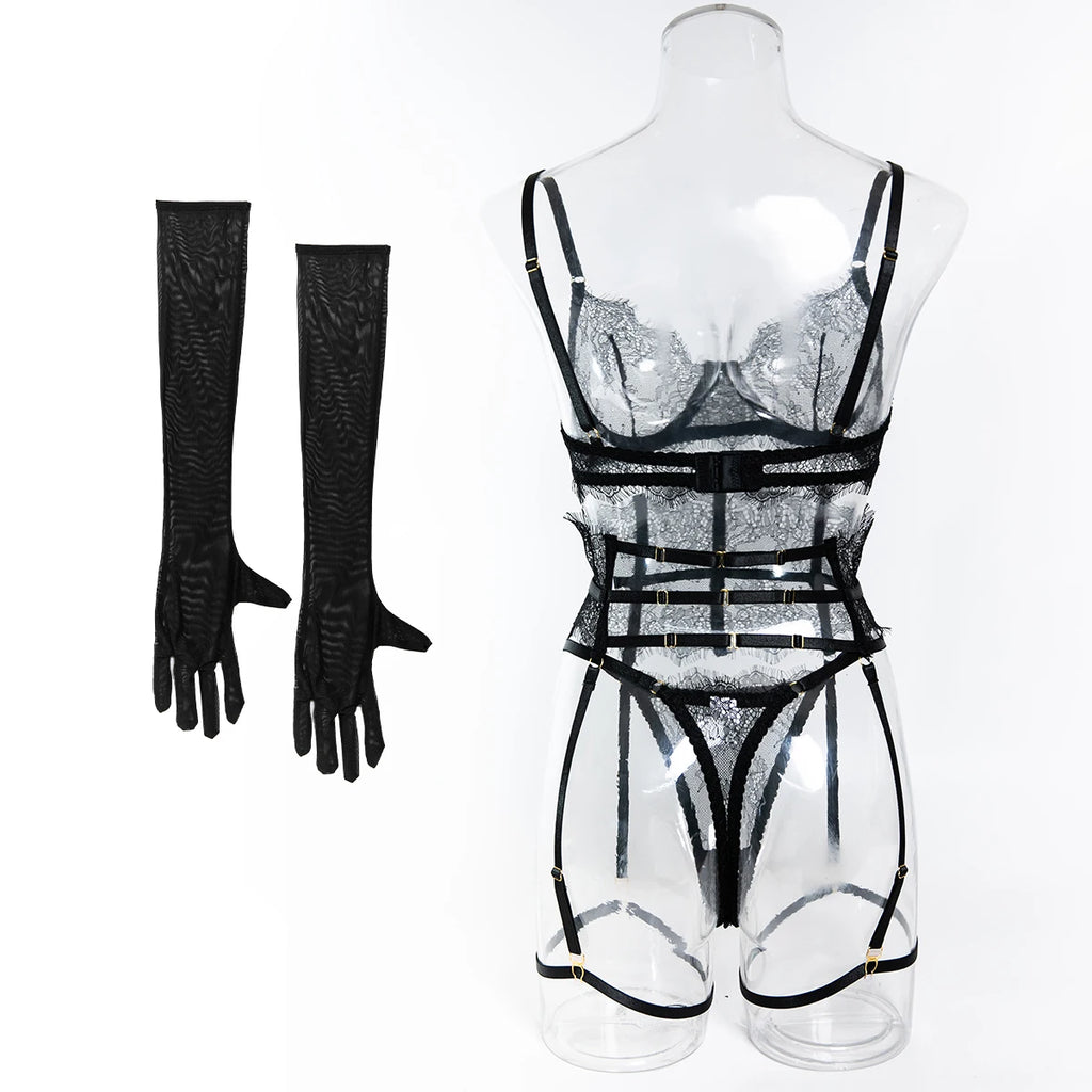 New Eyelash Lace 5-Piece Lingerie Set for Women with Underwire Bra Waistband  Garter Belt Leg Rings Gloves Sexy Comfortable