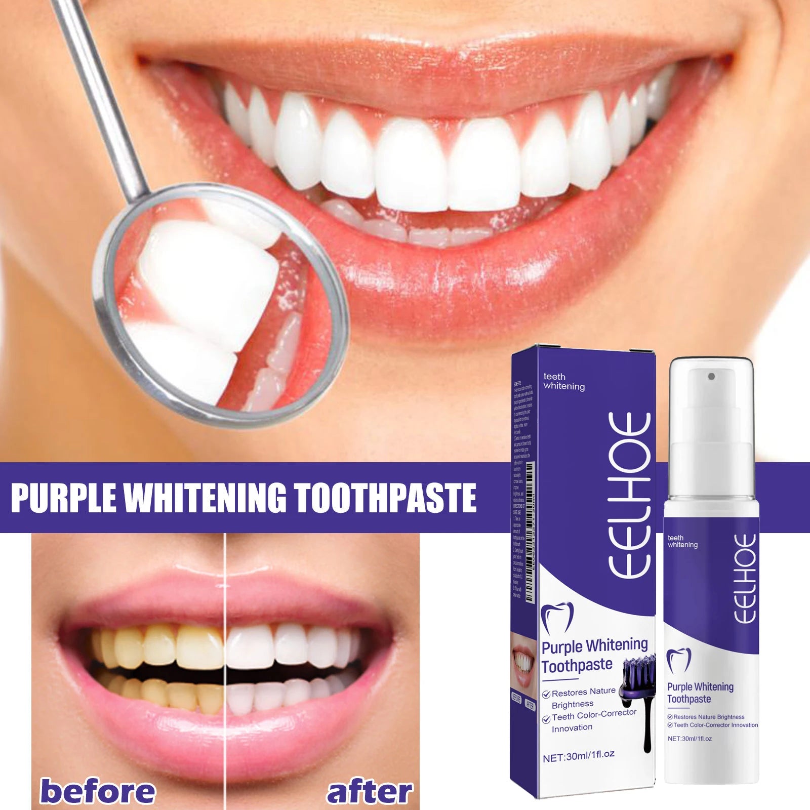 Purple whitening toothpaste, deep cleaning, stain removal, fresh breathing, daily household essential oral care, 30ml