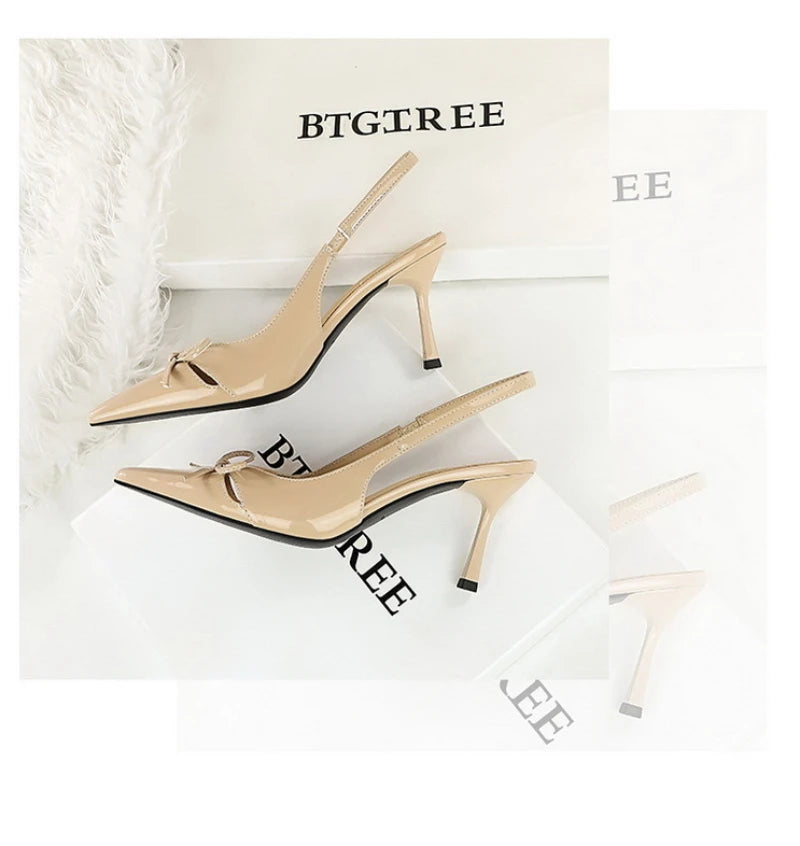 Korean Style Pointed Toe High Heels Shallow Mouth Hollow Bow Back Trip Strap Women's Shoes Thin Heels Back Empty Shoes Women