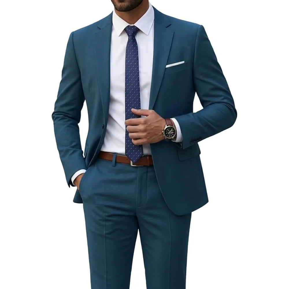 Men's 2 Piece Suit Set Solid Color Elegant Wedding Formal Business Dress Blazer Vest Pants Classic Tuxedo for Party Groomsmen