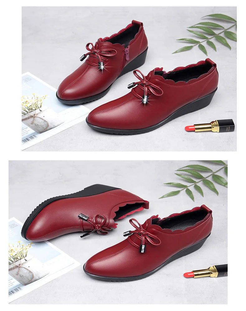 CINESSD 2023 New Fashion Lace Leather Platform Pumps Korean Style Casual Waterproof Pointed Toe Shoes for Women Spring Autumn