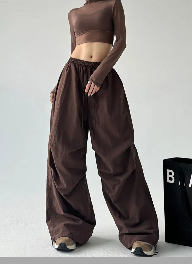 Y2k Hiking Straight Wide Pants Men Streetwear Cargo Paratrooper Pants Casual Brown Quick Dry Pocket Summer Travel Sport Trousers