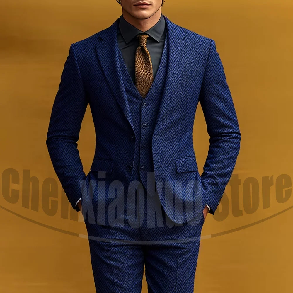 Fashion Herringbone Men's Suit 3 Piece Vintage Style Single Breasted Blazer Vest Pants Formal Smart Casual Wedding Party Outfit