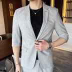Men's Summer New Slim Fit 3/4 Sleeve Blazer Set Thin Seven-Point Sleeve Suit Outfit Casual Business Two-Piece Set
