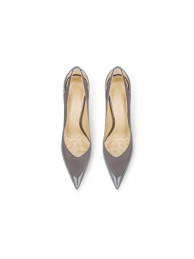 French style gray patent leather patchwork design with a sense of autumn new style pointed toe slim heel high heels for women