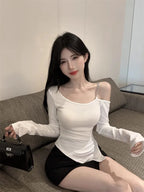 Pure And Elegant Irregular-necked Off-the-shoulder Tight T-shirt For Women