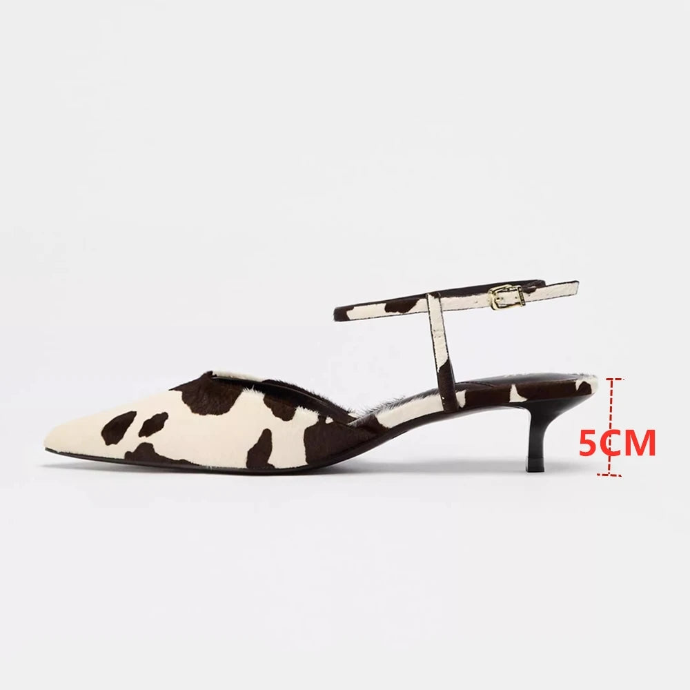 AIYUQI Women Sandals Genuine Leather Summer Women Mid Heels Horse Leather Leopard Print Women Sandals Large Size Pointed Toe