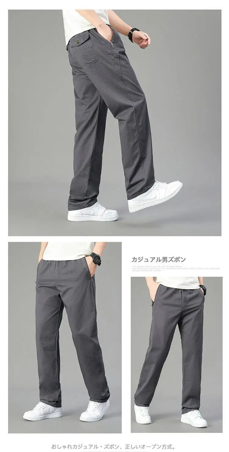 Mens Cotton Pants Spring Summer Sports Casual Pants Cargo Trousers Loose Fit with Zipper Pockets Big Size 5XL