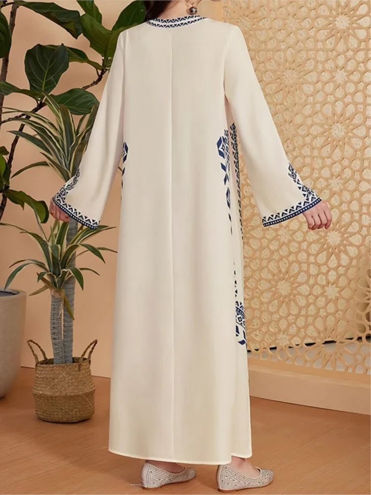 Fashion Muslim Women's Printed V-neck Robe 2025 Autumn V-neck Long Sleeve Arab Ethnic Style Printed Maxi Dress For Women Elegant
