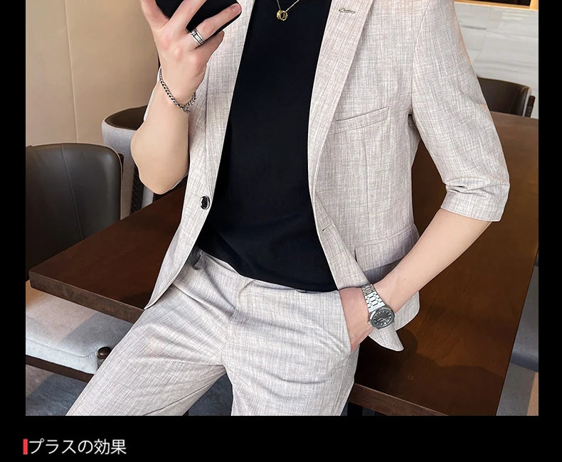 Men's Summer New Slim Fit 3/4 Sleeve Blazer Set Thin Seven-Point Sleeve Suit Outfit Casual Business Two-Piece Set