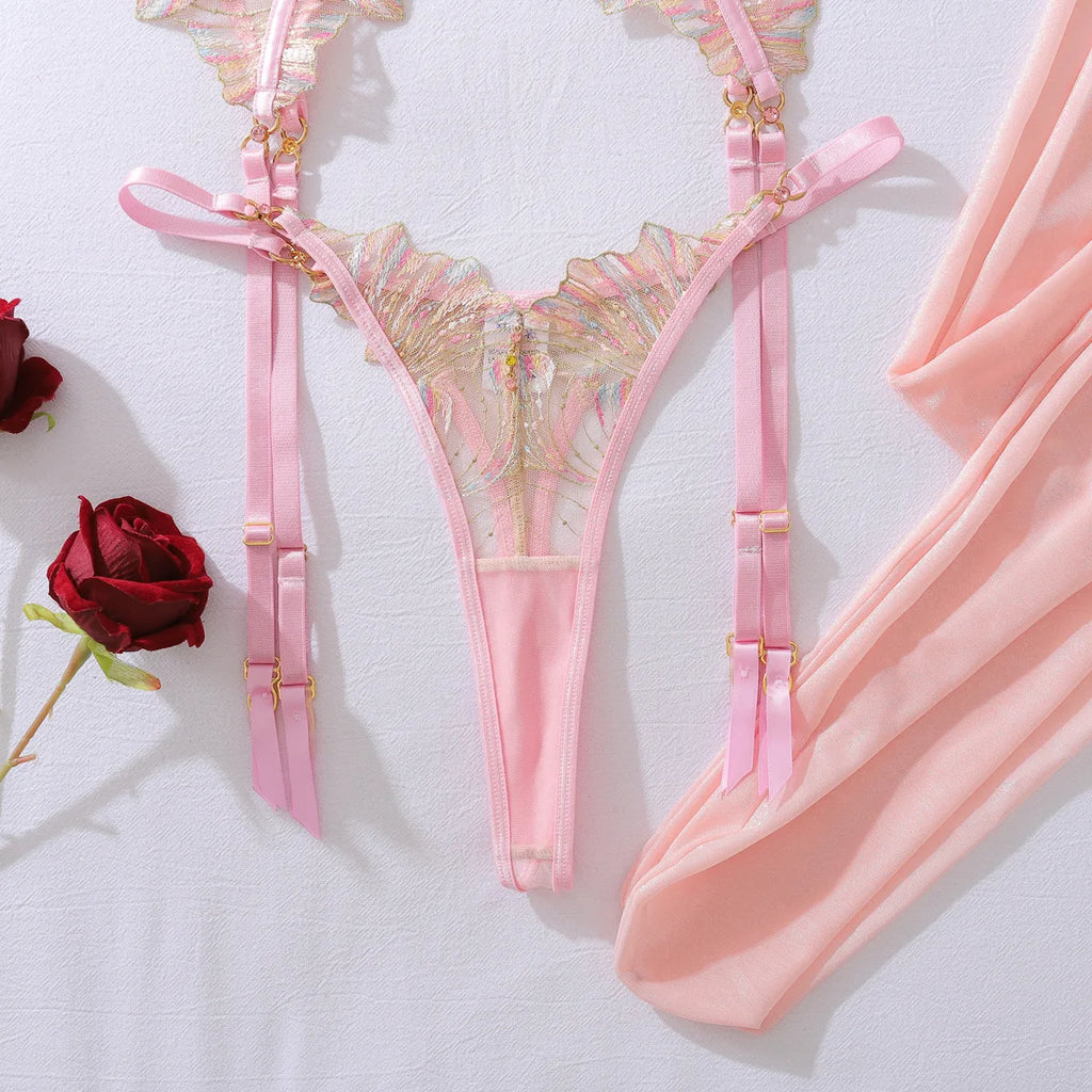 Ellolace Honey Women's Lingerie Sets Romantic Coquette Embroidered Bra 3PC Stockings Premium Gold Thread Jewel Decor Underwear