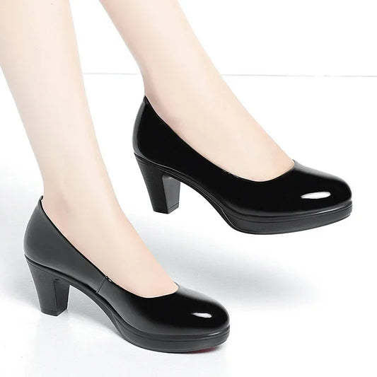 6cm 8cm Plus Size 34-42 Elegant Patent Leather Shoes Women's Platform Pumps 2026 Spring Shallow Med Block Heels Shoes Office Mom