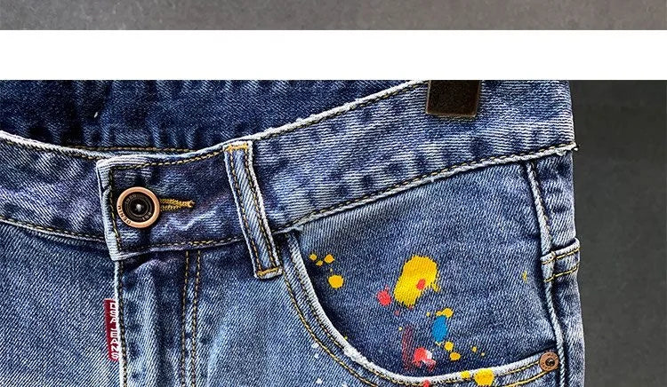 2025 Summer New Fashion Trend Printed Ripped Straight Stretch Jeans Men's Casual Loose Sports High Quality Denim Shorts 28-36