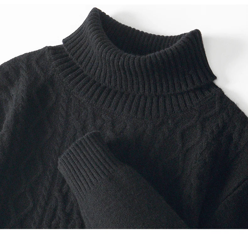 Fall/Winter 100% Wool Men's Turtleneck Thicken Sweater Jacquard Solid Cashmere Knitted Bottom Shirt