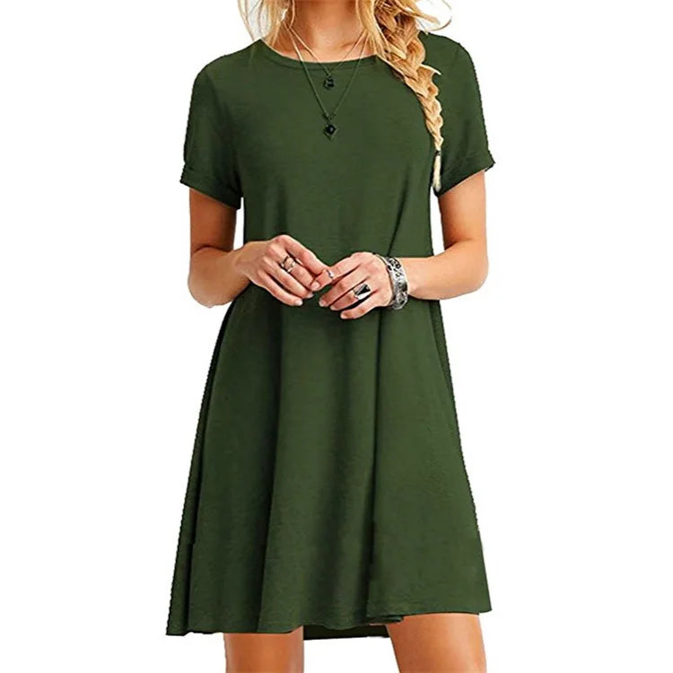 Women Shirt Dress Summer O-Neck Short Sleeve Slim A-Line Beach Holiday Dresses YKD-nz056