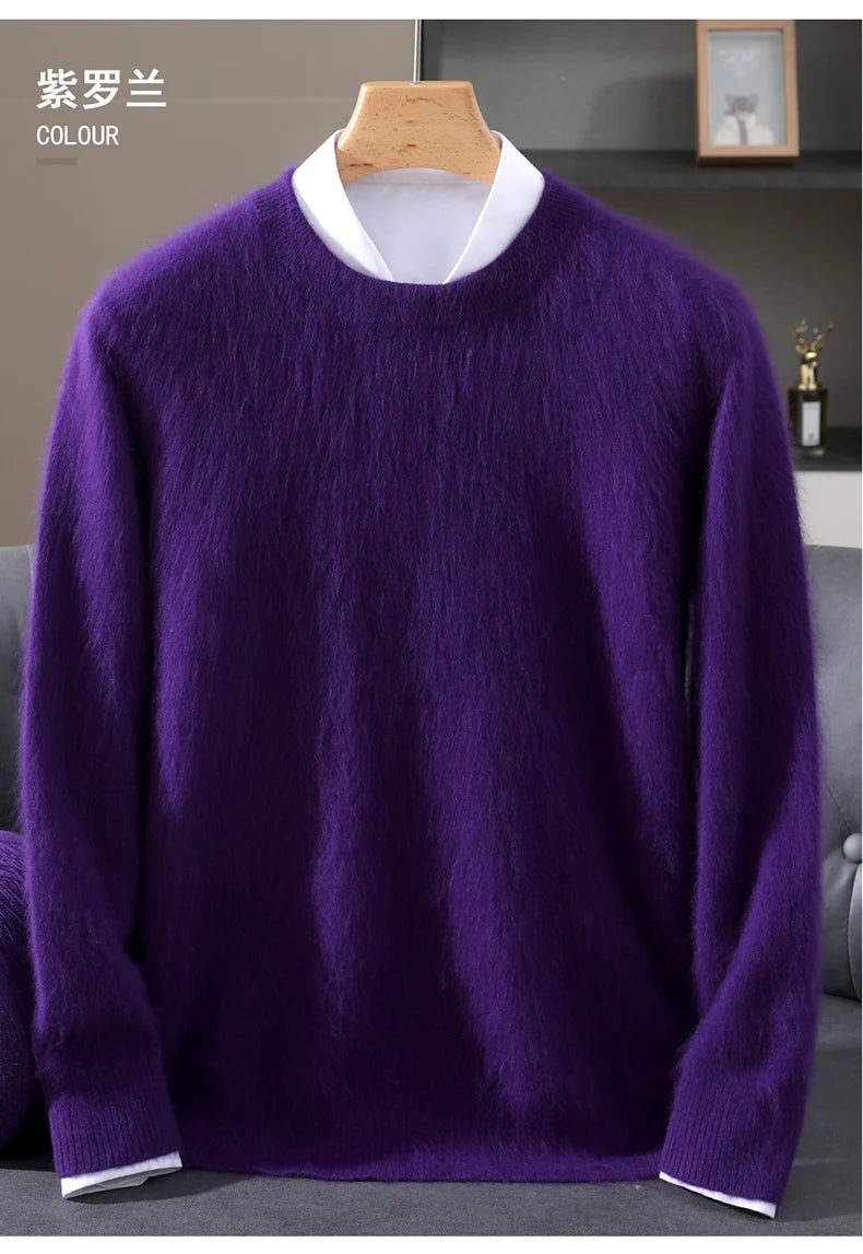 Autumn Winter 100% Mink Cashmere Sweater Men's Round Neck Pullover Loose Solid Color Plus Size Base Knit Business Casual Sweater